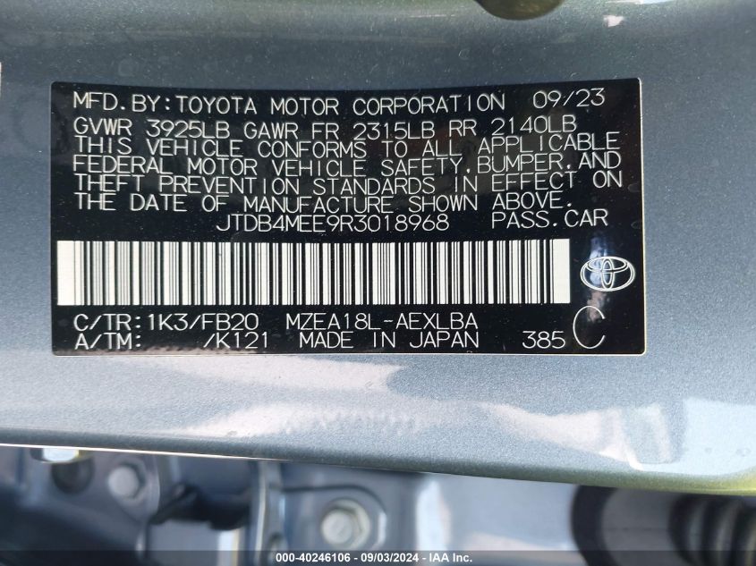 2024 Toyota Corolla Le VIN: JTDB4MEE9R3018968 Lot: 40246106