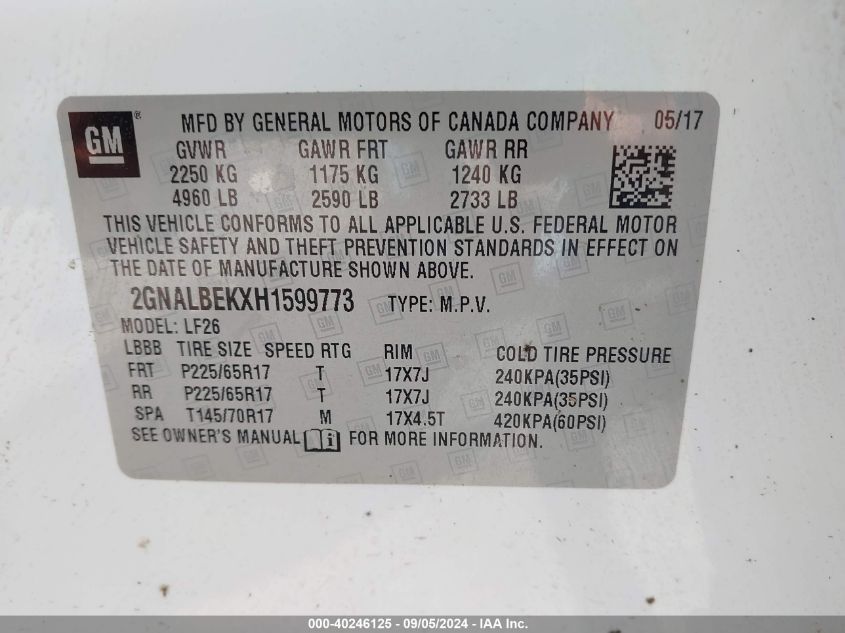 2GNALBEKXH1599773 2017 Chevrolet Equinox Ls