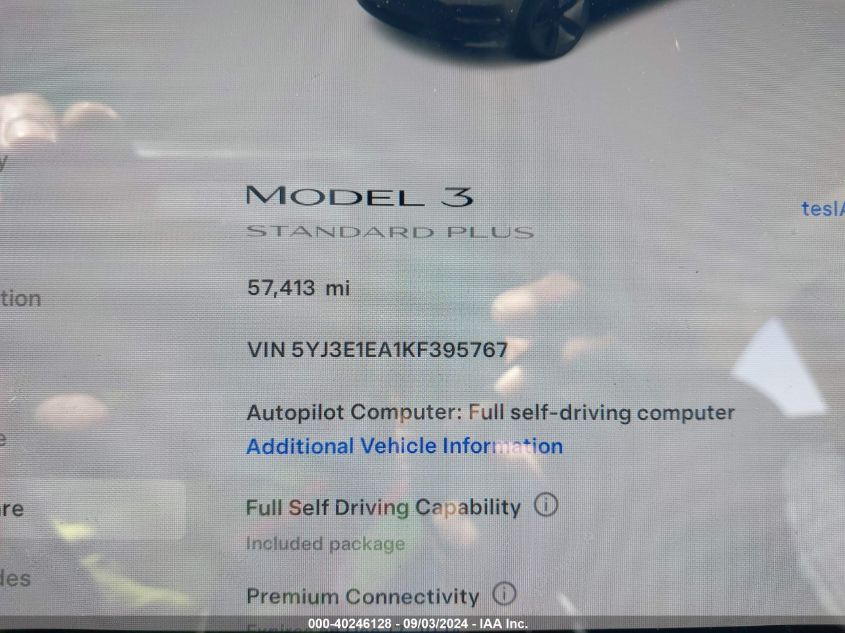 2019 Tesla Model 3 Long Range/Mid Range/Standard Range/Standard Range Plus VIN: 5YJ3E1EA1KF395767 Lot: 40246128