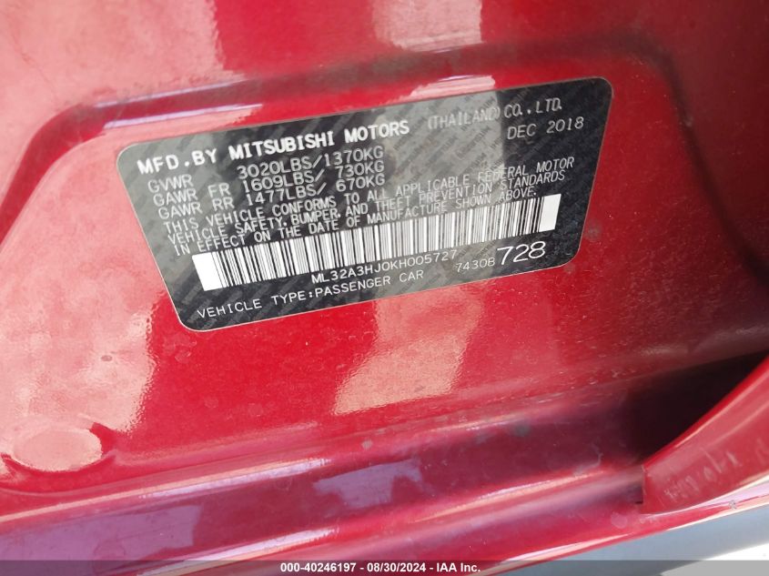 ML32A3HJ0KH005727 2019 Mitsubishi Mirage Rf