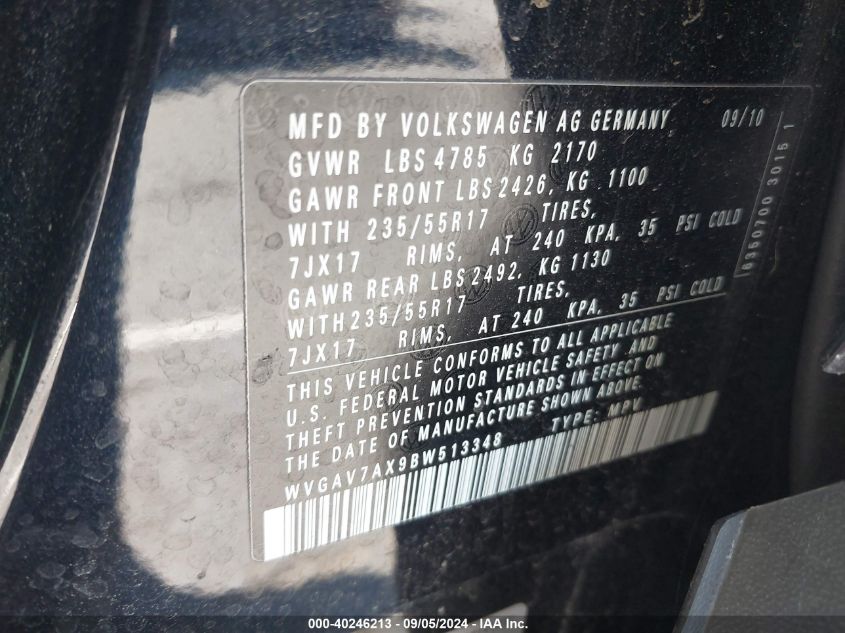 2011 Volkswagen Tiguan Se VIN: WVGAV7AX9BW513348 Lot: 40246213