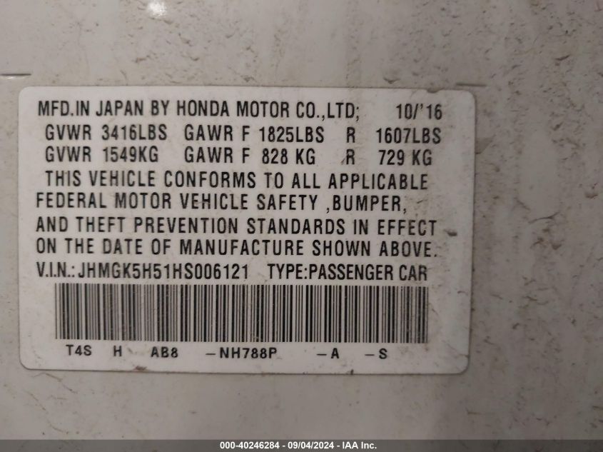 2017 Honda Fit Lx VIN: JHMGK5H51HS006121 Lot: 40246284