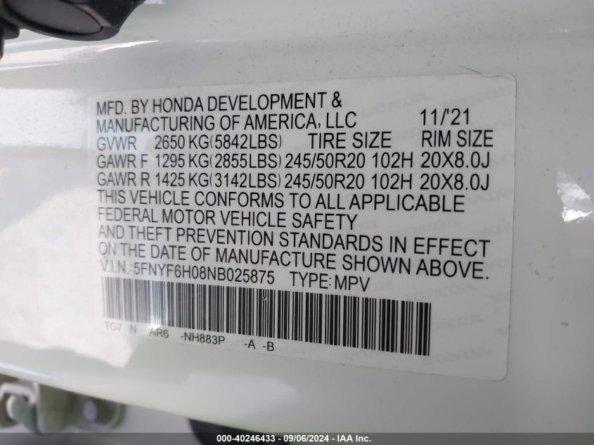 2022 Honda Pilot Awd Elite VIN: 5FNYF6H08NB025875 Lot: 40246433