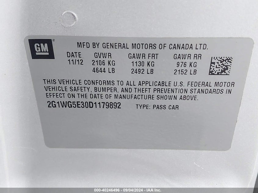 2G1WG5E30D1179892 2013 Chevrolet Impala Lt