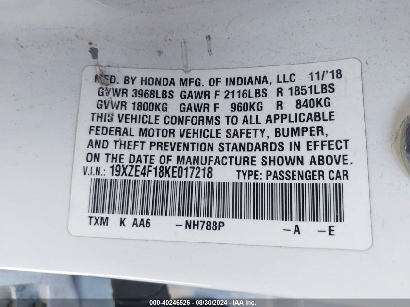 2019 Honda Insight Lx VIN: 19XZE4F18KE017218 Lot: 40246526