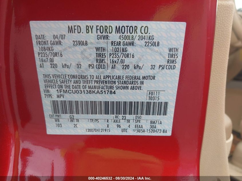 2008 Ford Escape Xlt VIN: 1FMCU03138KA51784 Lot: 40246532