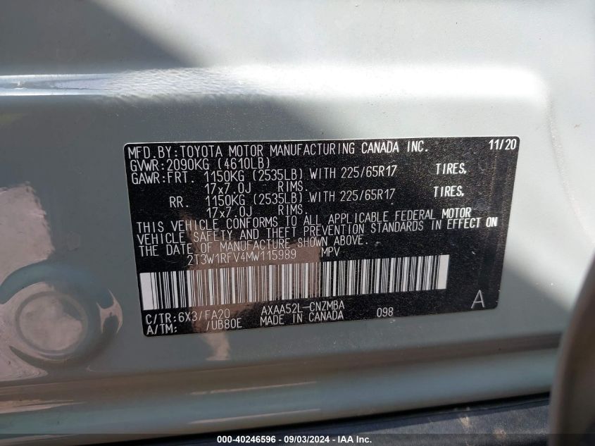 2021 Toyota Rav4 Xle VIN: 2T3W1RFV4MW115989 Lot: 40246596