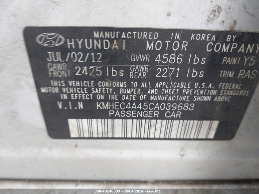 2012 Hyundai Sonata Hybrid VIN: KMHEC4A45CA039683 Lot: 40246599