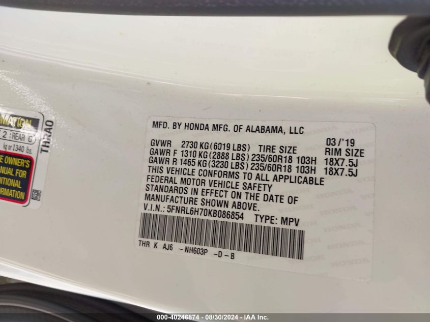 VIN 5FNRL6H70KB086854 2019 Honda Odyssey, Ex-L no.9