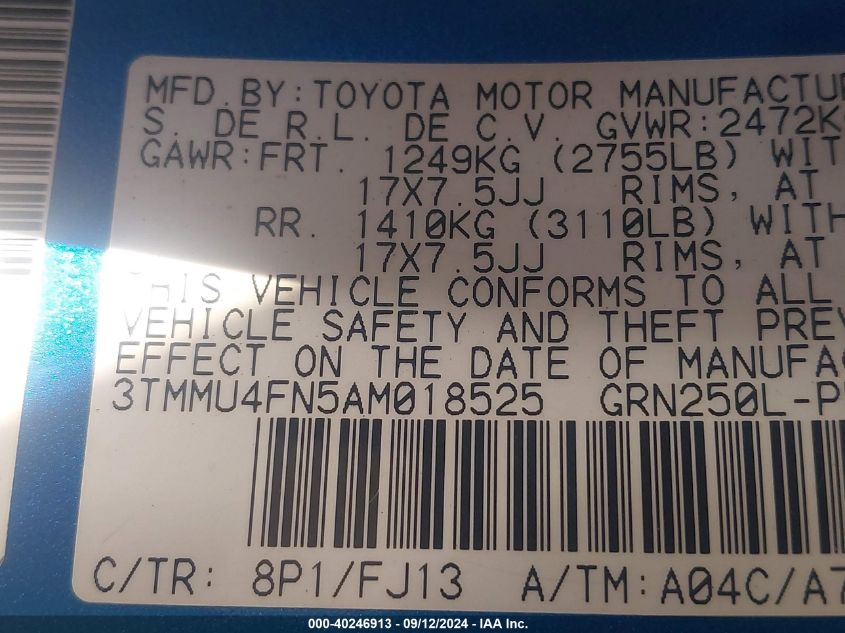 2010 Toyota Tacoma Base V6 VIN: 3TMMU4FN5AM018525 Lot: 40246913