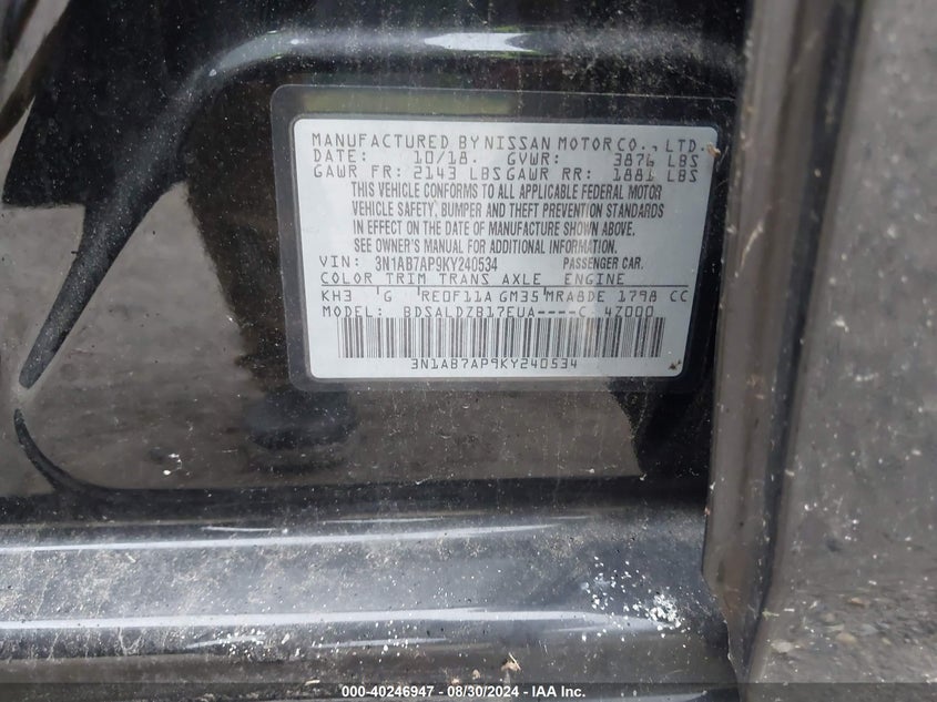 VIN 3N1AB7AP9KY240534 2019 NISSAN SENTRA SV