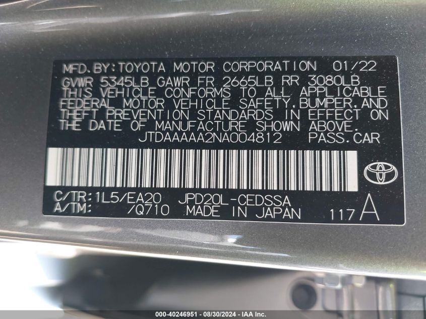 2022 Toyota Mirai Xle VIN: JTDAAAAA2NA004812 Lot: 40246951