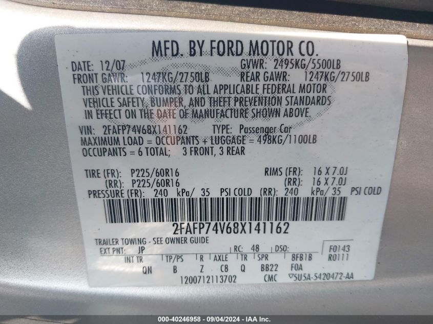 2FAFP74V68X141162 2008 Ford Crown Victoria Lx