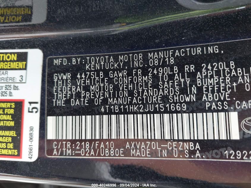 VIN 4T1B11HK2JU151669 2018 Toyota Camry, LE no.9