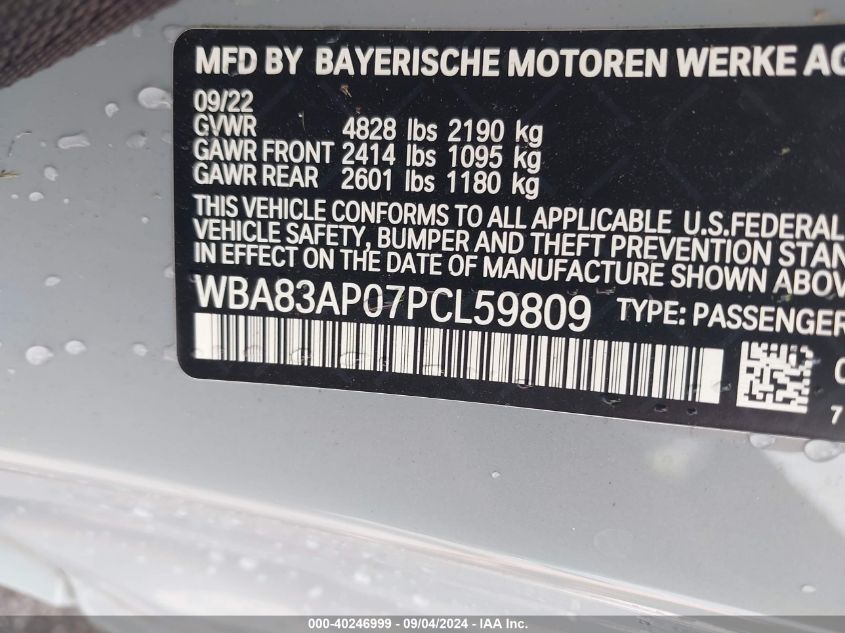 2023 BMW M440I VIN: WBA83AP07PCL59809 Lot: 40246999