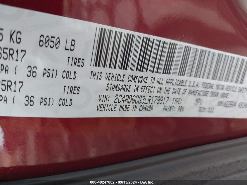 2020 Dodge Grand Caravan Sxt VIN: 2C4RDGCG3LR179917 Lot: 40247002