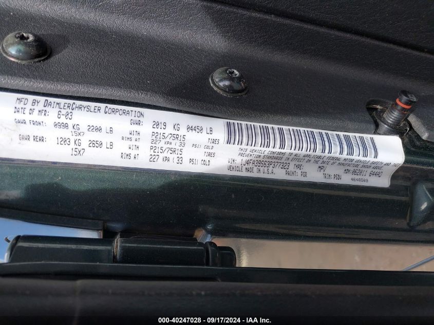 2003 Jeep Wrangler X VIN: 1J4FA39S63P377323 Lot: 40247028