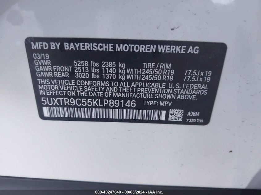 2019 BMW X3 XDRIVE30I - 5UXTR9C55KLP89146