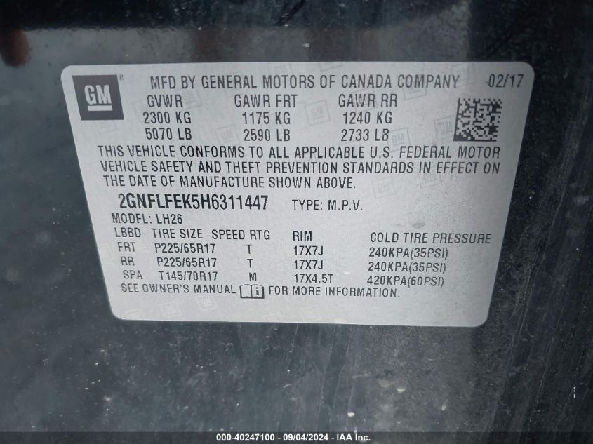 2GNFLFEK5H6311447 2017 Chevrolet Equinox Lt