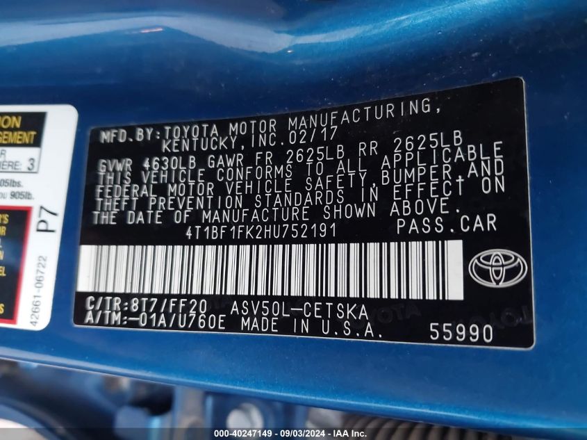 VIN 4T1BF1FK2HU752191 2017 TOYOTA CAMRY LE/XLE/SE/XSE