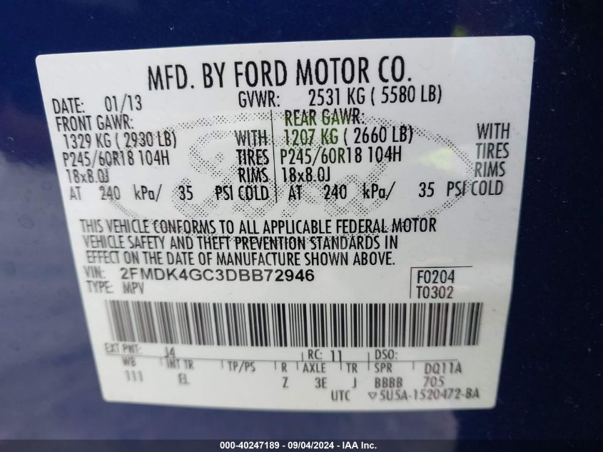 2013 Ford Edge Se VIN: 2FMDK4GC3DBB72946 Lot: 40247189