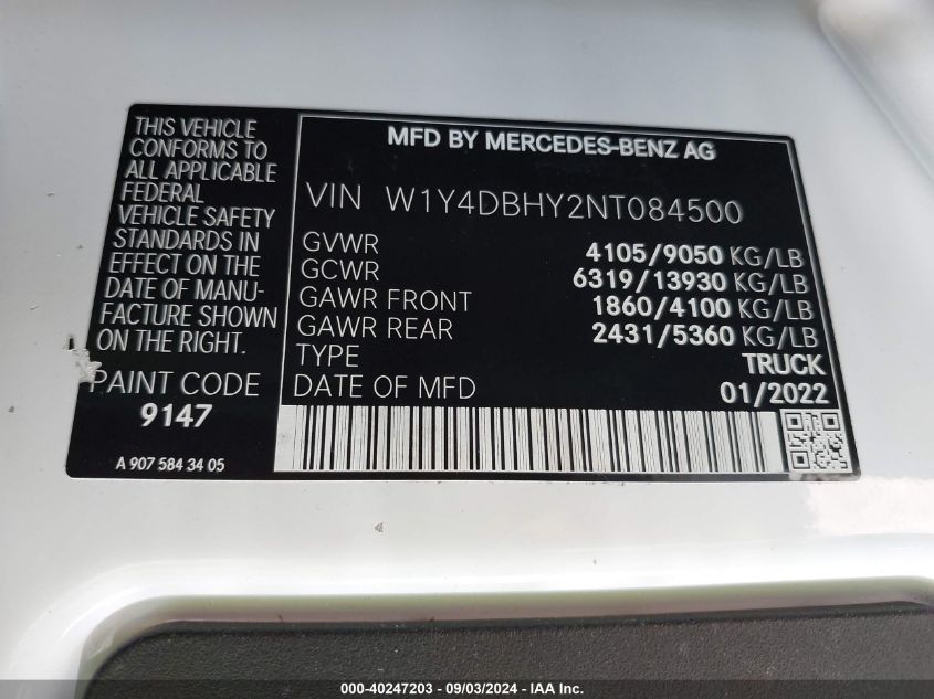 2022 Mercedes-Benz Sprinter 2500 Standard Roof I4 Diesel VIN: W1Y4DBHY2NT084500 Lot: 40247203