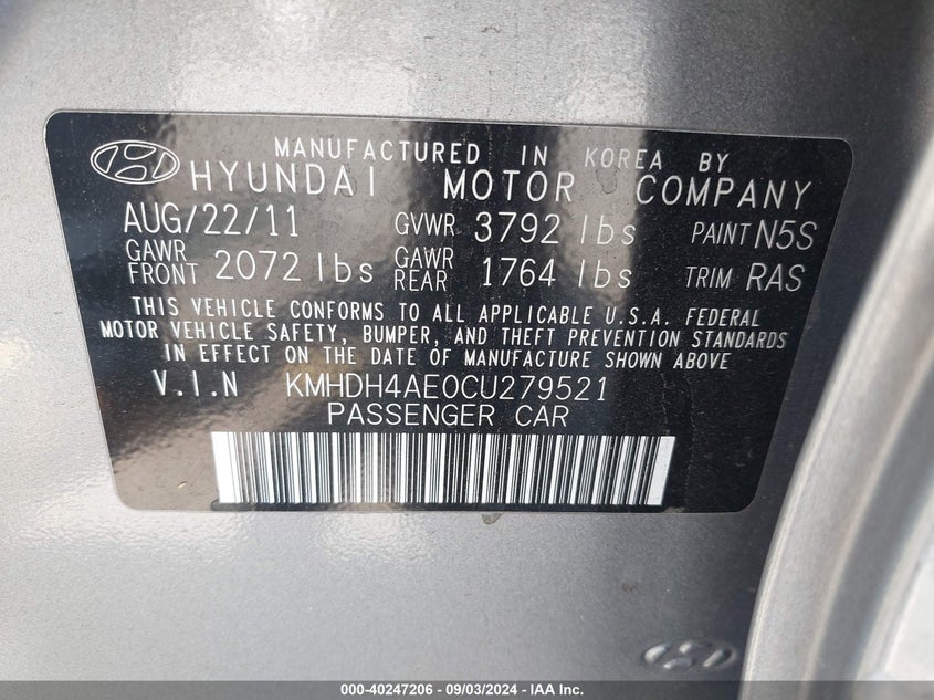 KMHDH4AE0CU279521 2012 Hyundai Elantra Gls (Ulsan Plant)