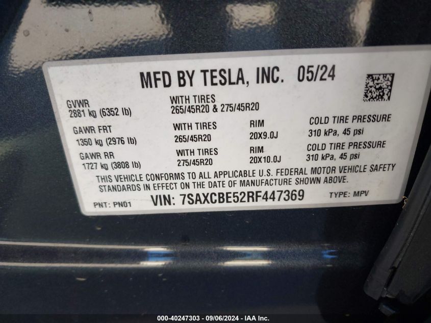 2024 Tesla Model X VIN: 7SAXCBE52RF447369 Lot: 40247303