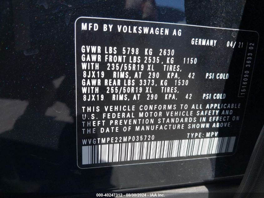 2021 Volkswagen Id.4 Pro S VIN: WVGTMPE22MP035720 Lot: 40247312