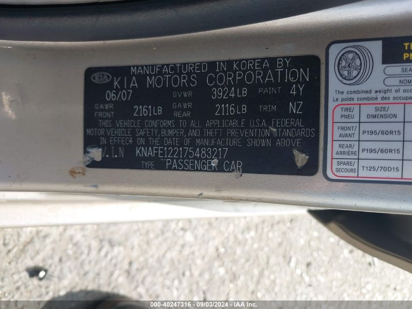 KNAFE122175483217 2007 Kia Spectra Ex