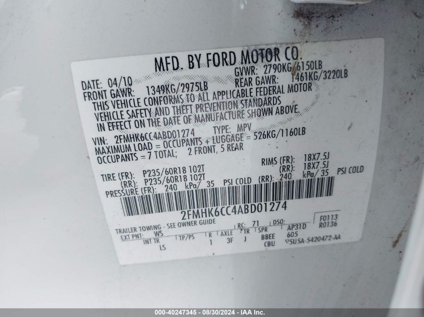 2FMHK6CC4ABD01274 2010 Ford Flex Sel