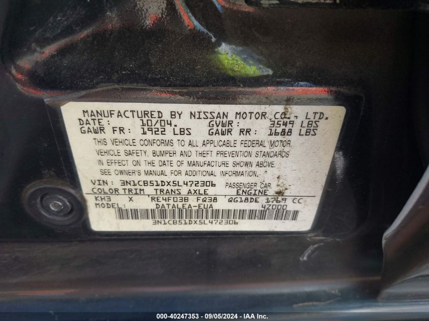 2005 Nissan Sentra 1.8S VIN: 3N1CB51DX5L472306 Lot: 40247353