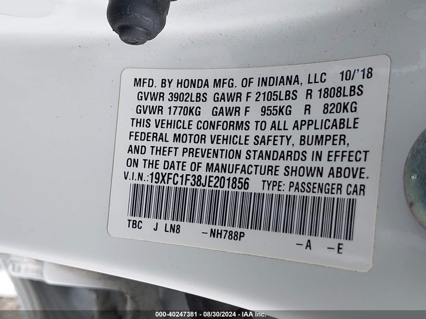 VIN 19XFC1F38JE201856 2018 HONDA CIVIC EX-T