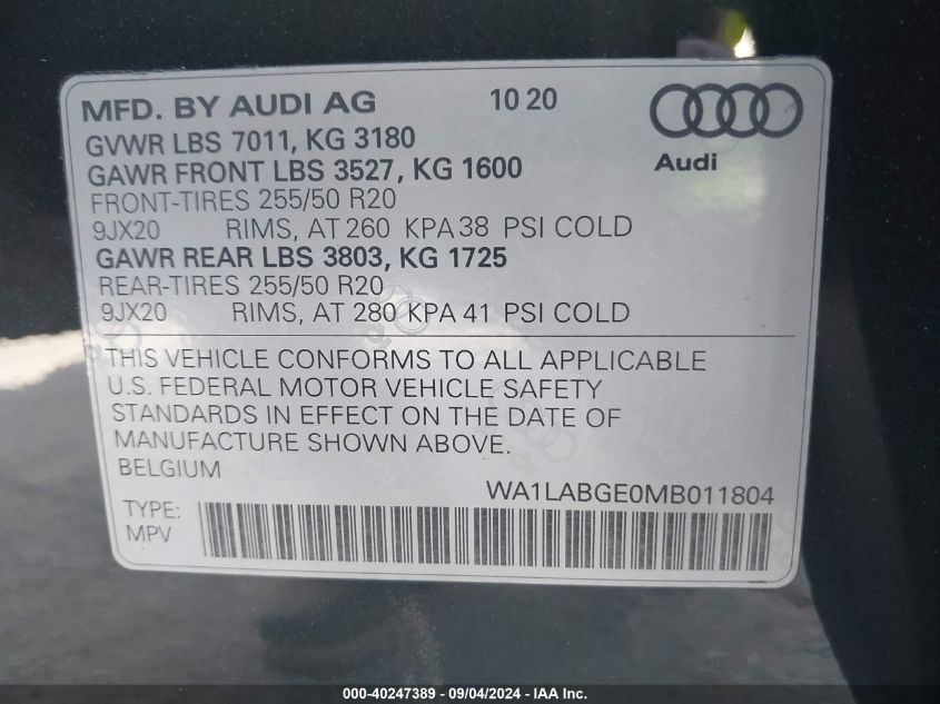 2021 Audi E-Tron Premium Plus Quattro VIN: WA1LABGE0MB011804 Lot: 40247389