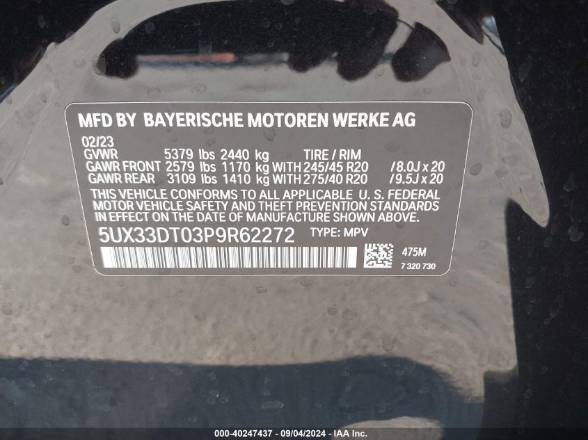 2023 BMW X4 xDrive30I VIN: 5UX33DT03P9R62272 Lot: 40247437