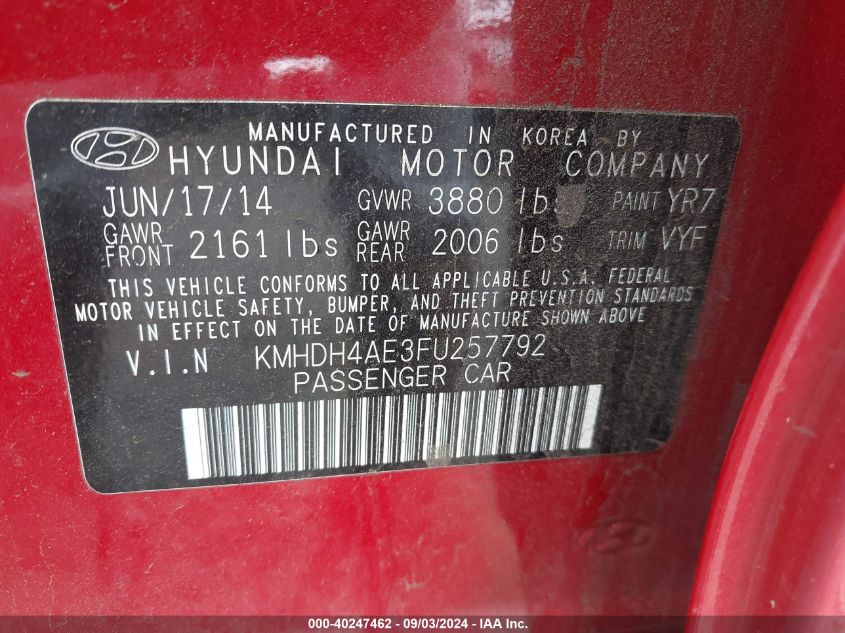 VIN KMHDH4AE3FU257792 2015 Hyundai Elantra, Limited no.9