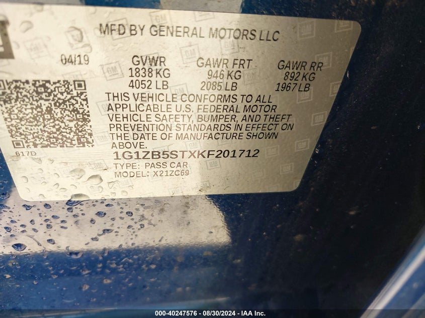 VIN 1G1ZB5STXKF201712 2019 CHEVROLET MALIBU 1LS