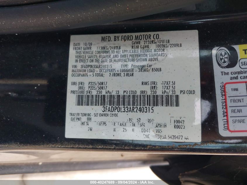 2010 Ford Fusion Hybrid Hybrid VIN: 3FADP0L33AR240315 Lot: 40247689