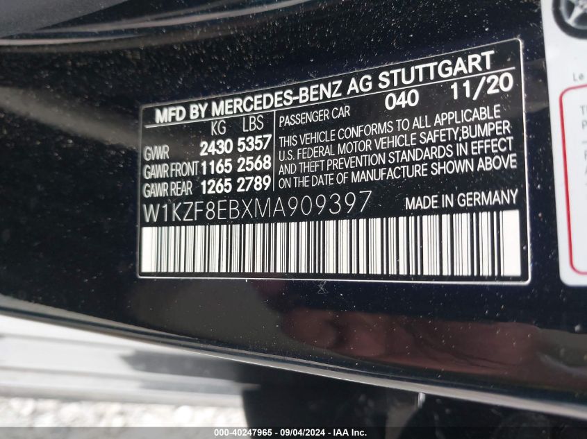 W1KZF8EBXMA909397 2021 Mercedes-Benz E 350 4Matic