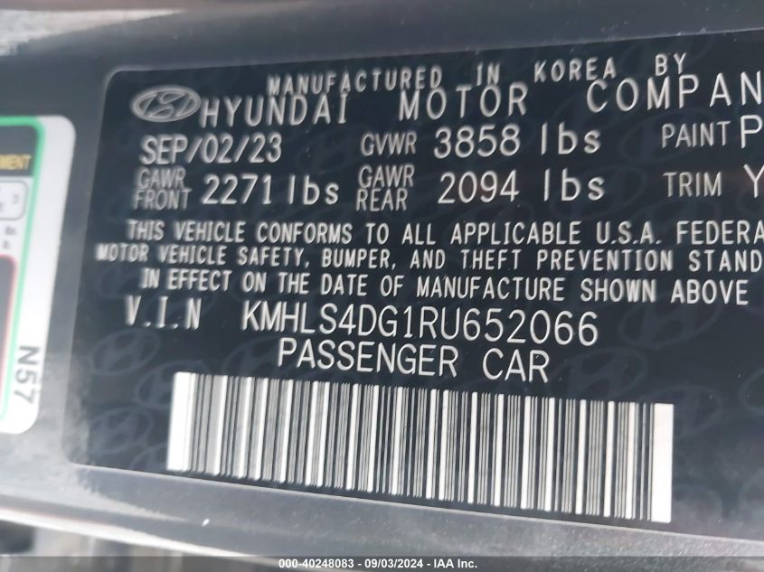 2024 Hyundai Elantra Sel VIN: KMHLS4DG1RU652066 Lot: 40248083