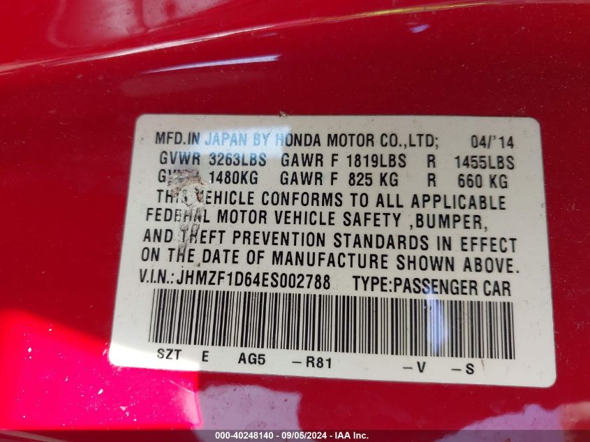 JHMZF1D64ES002788 2014 Honda Cr-Z Ex