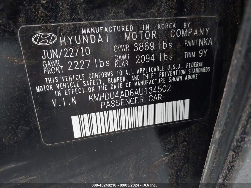 2010 Hyundai Elantra Gls VIN: KMHDU4AD6AU134502 Lot: 40248218