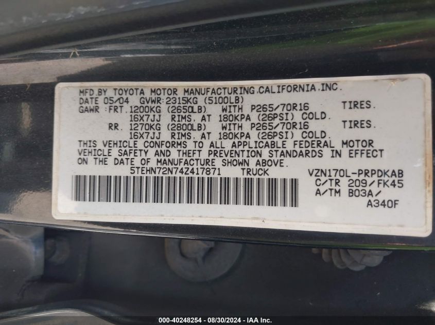 2004 Toyota Tacoma Base V6 VIN: 5TEHN72N74Z417871 Lot: 40248254