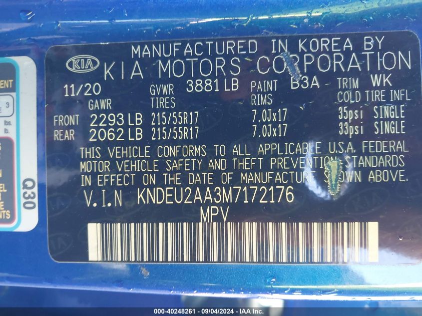 2021 Kia Seltos S VIN: KNDEU2AA3M7172176 Lot: 40248261