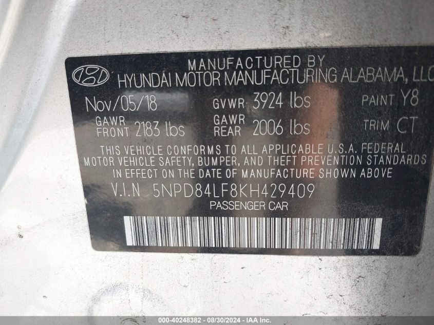 2019 HYUNDAI ELANTRA SEL - 5NPD84LF8KH429409