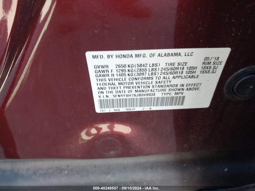 2018 HONDA PILOT EX-L - 5FNYF6H76JB049938