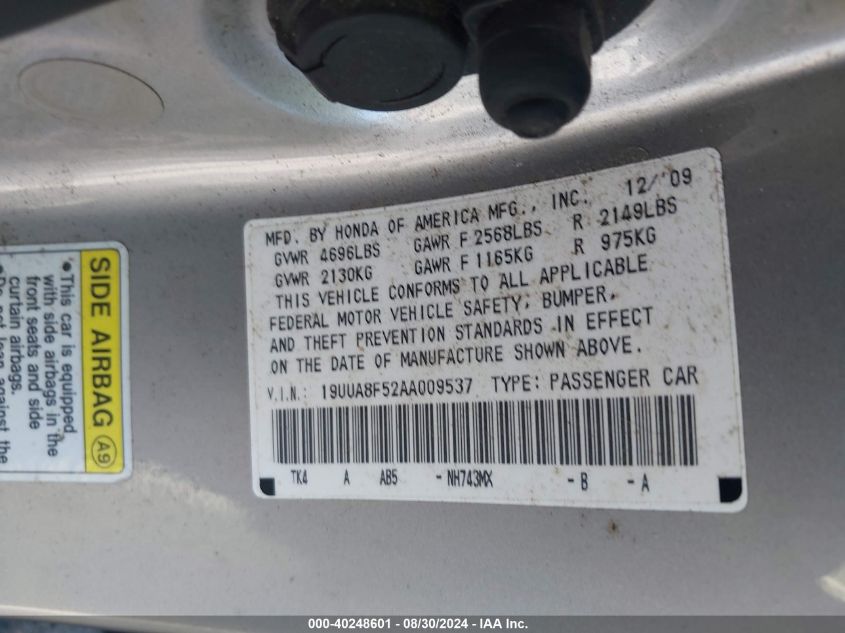 2010 Acura Tl 3.5 VIN: 19UUA8F52AA009537 Lot: 40248601