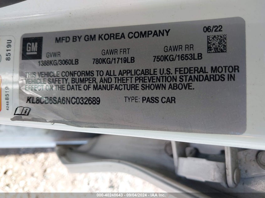 KL8CB6SA6NC032689 2022 Chevrolet Spark Fwd Ls Automatic