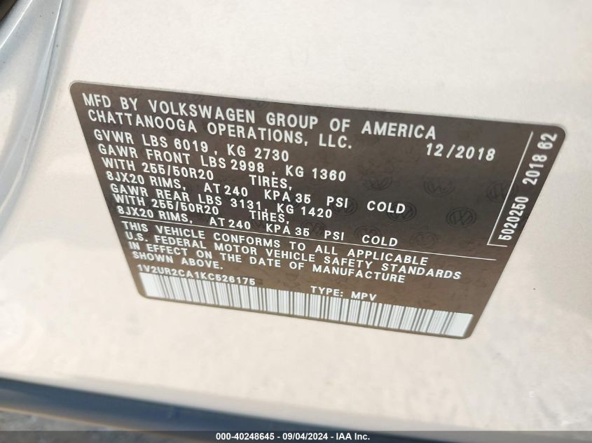 1V2UR2CA1KC526175 2019 Volkswagen Atlas Se