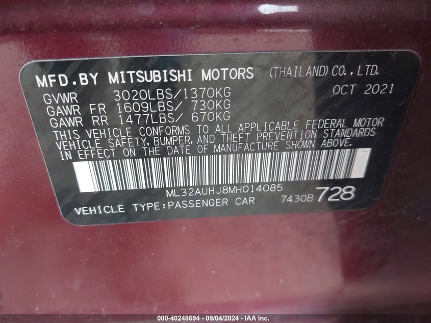 2021 MITSUBISHI MIRAGE ES/LE/CARBONITE EDITION - ML32AUHJ8MH014085